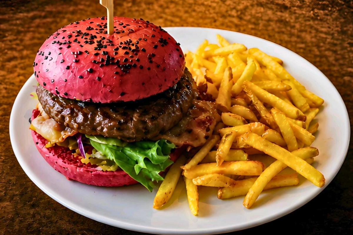 Gourmet-Burger mit rosa Brötchen, saftigem Rindfleisch-Patty und knusprigen Pommes frites aus der Speisekarte des Hotel Restaurant Waldrand.